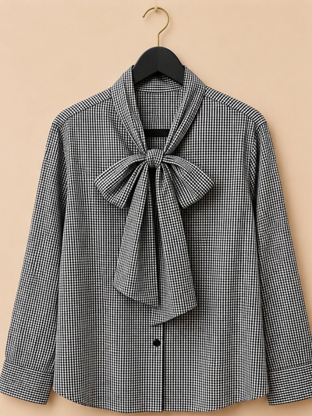 Classic Black & White Gingham Tie-Neck Button Down Shirt